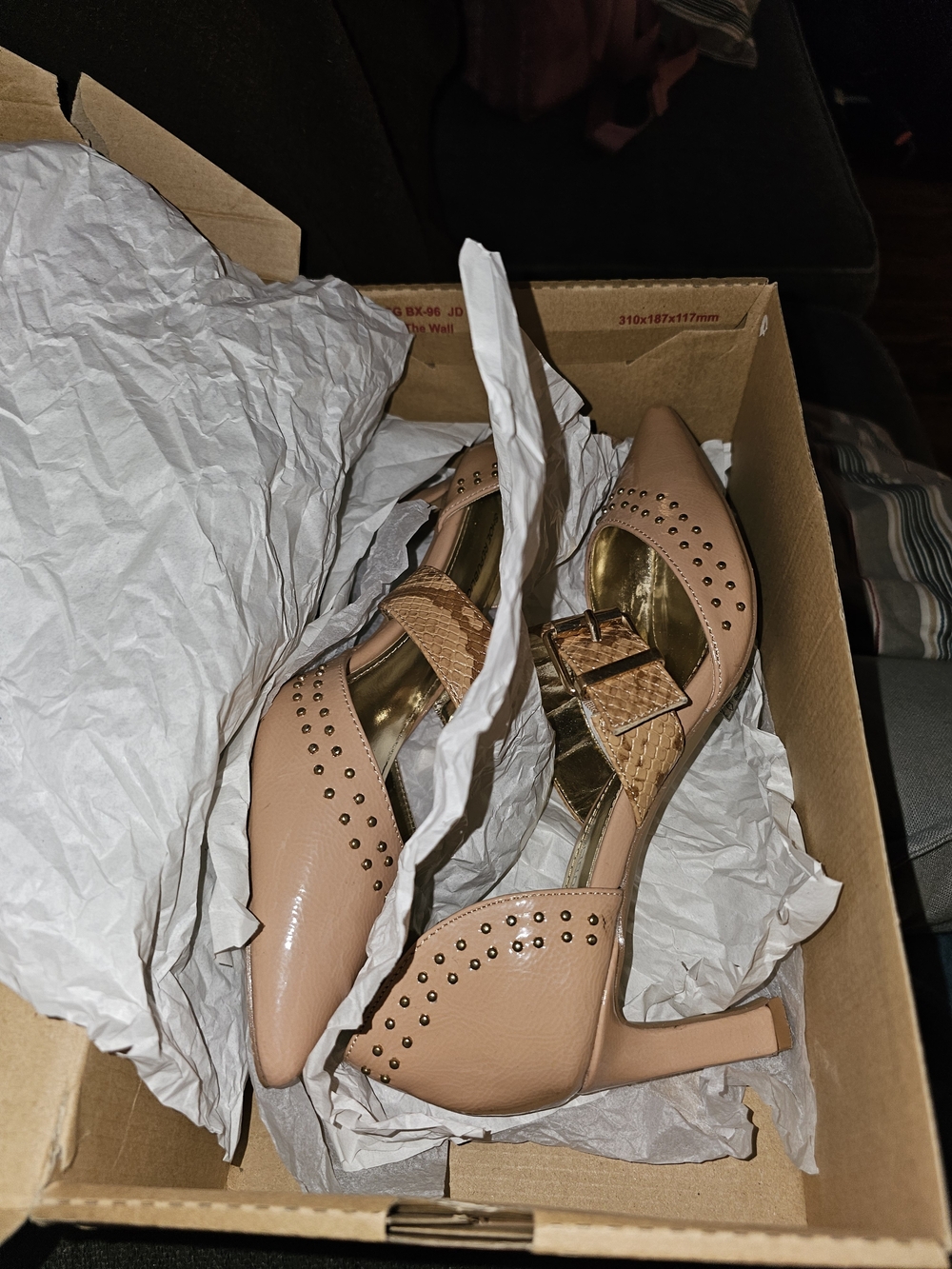 Studded Taupe D’Orsay Heels with Woven Strap